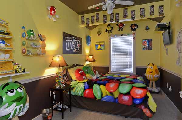 M&M candy themed bedroom at The Sweet Escape luxury vacation home rental outside of Orlando