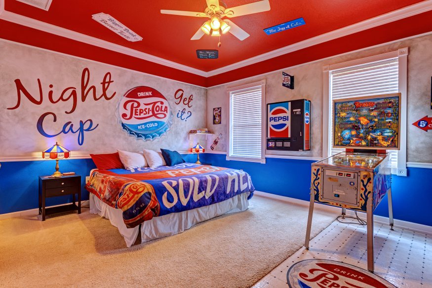 pepsi cola themed wow bedroom in a luxury airbnb vacation home rental near Orlando, Florida