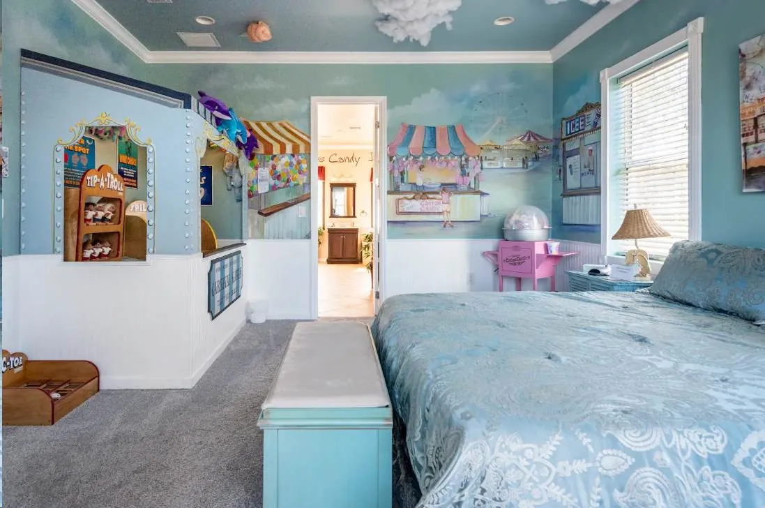 Carnival games themed bedroom at The Sweet Escape luxury vacation home rental outside of Orlando, Florida